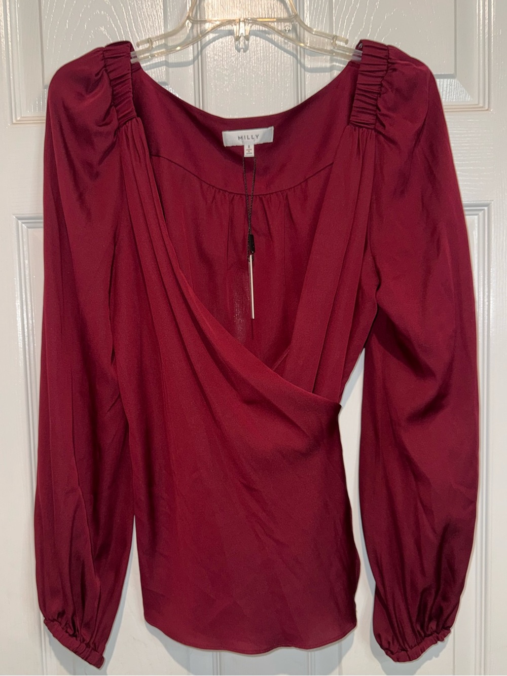 Milly Wine Stretched Silk Hallie Wrap Top. Size 8. NWT